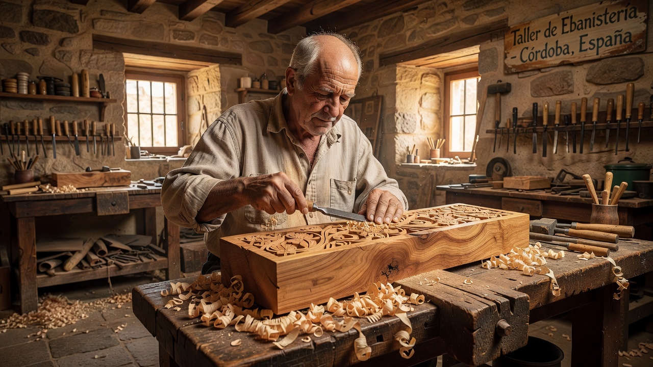Mesa de olivo tallada
